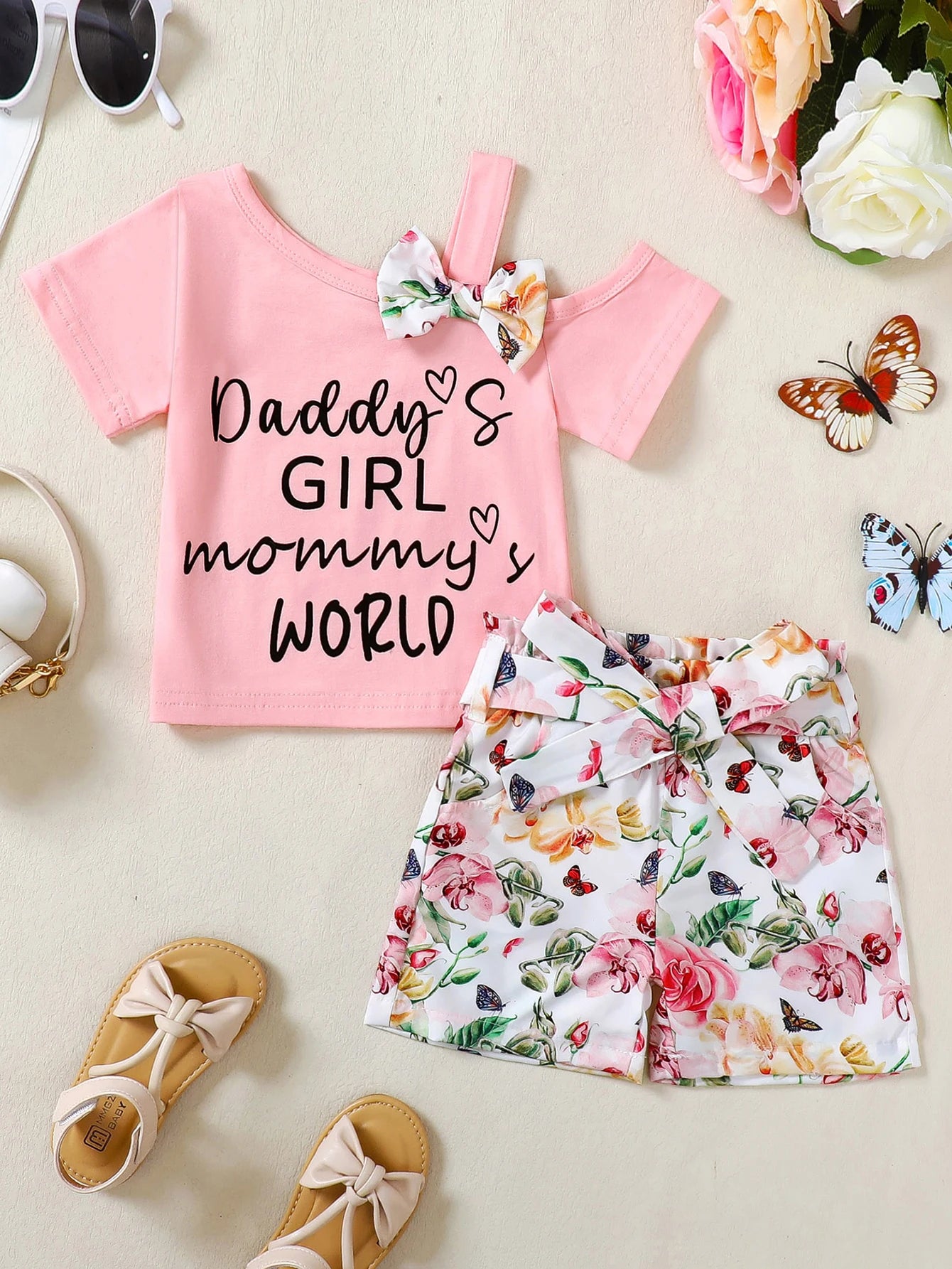 Girls Cotton Floral Summer Set T Shirt And Shorts Outfit
