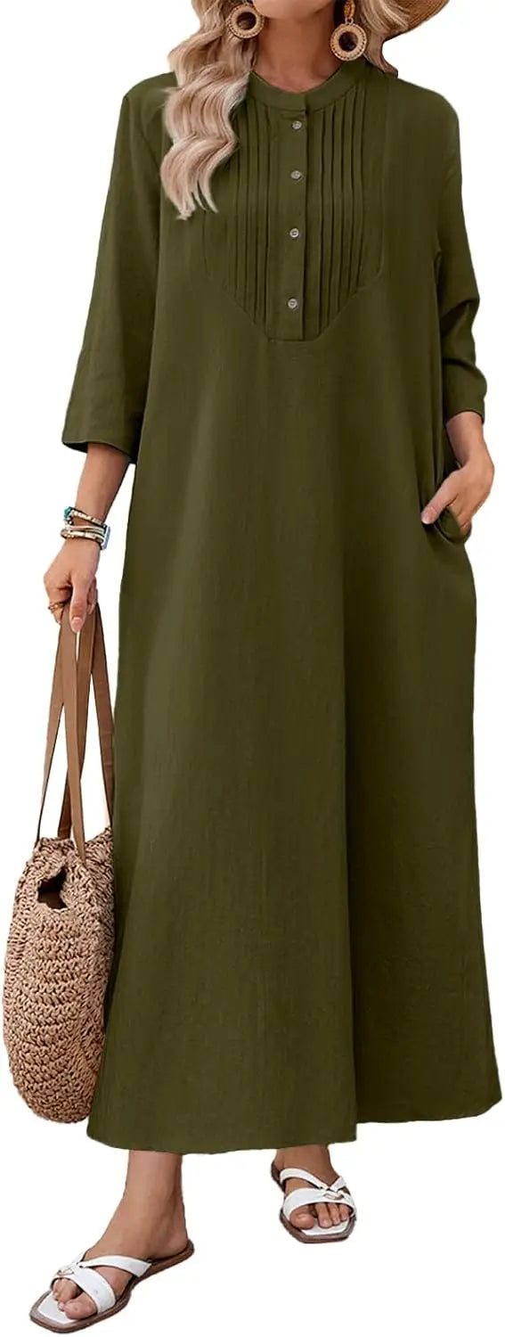 Autumn Solid Cotton Caftan Dress Loose Fit Women Casual