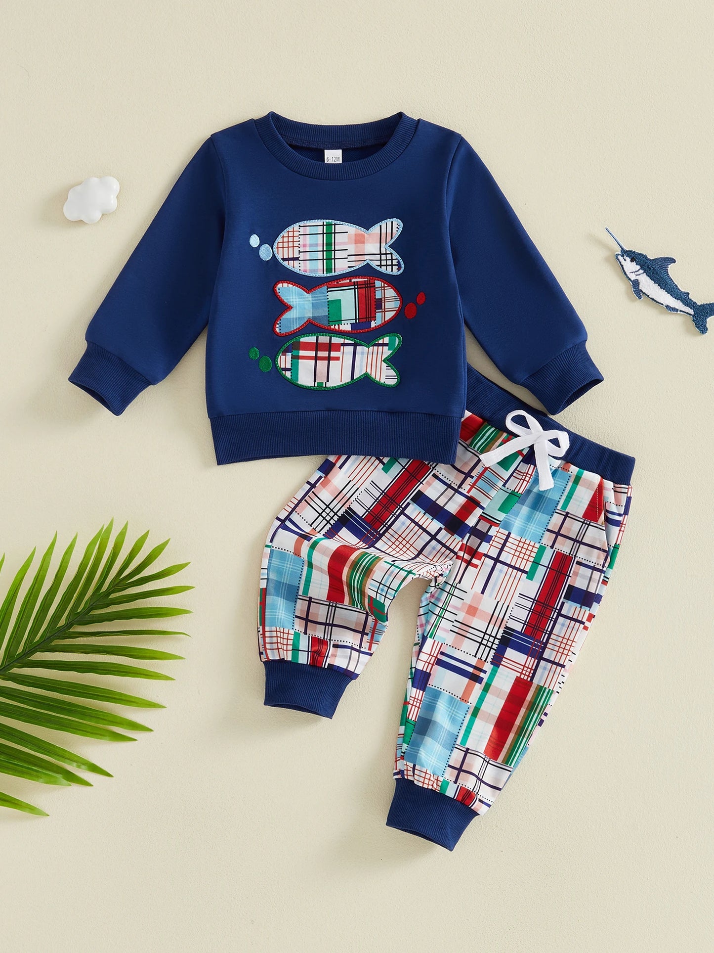 Piece Outfit Outfit Long Boys 2 Piece Plaid Pants 2 Piece Outfit Outfit Sleeve-Embroidery Sweatshirt With Plaid Piece Outfit