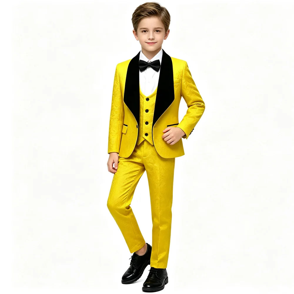 Boys Jacquard Tuxedo Suit 3 Piece Bow Tie Velvet Set