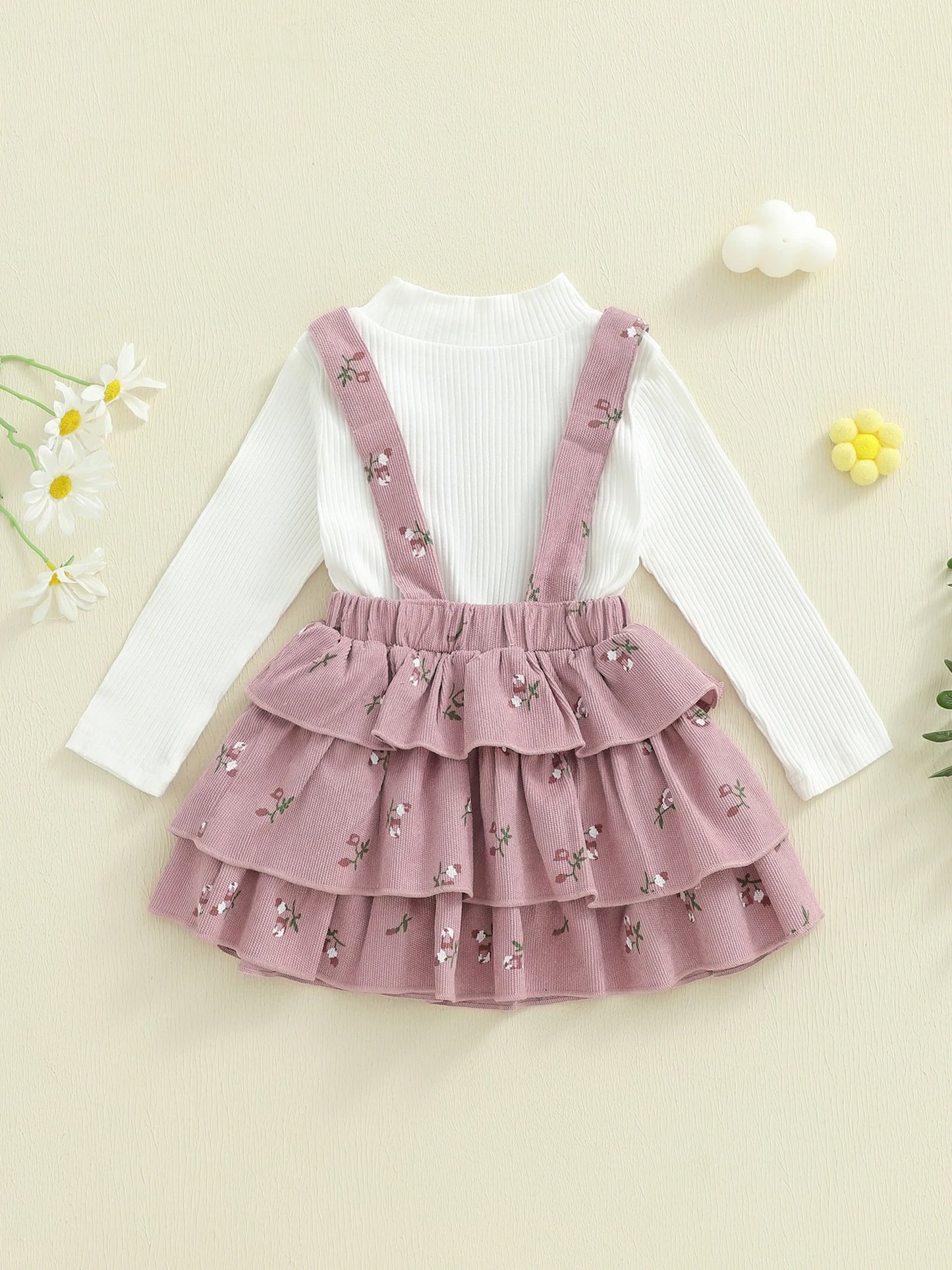 Baby Girl Autumn Two Piece Mock Neck Blouse Skirt Set