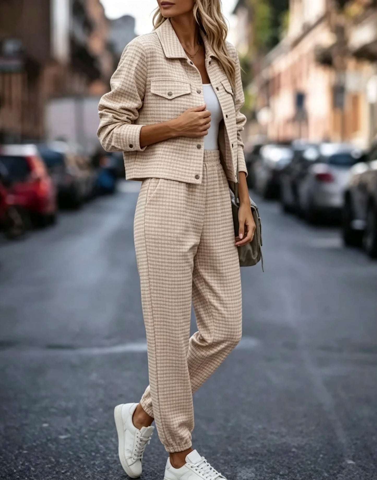 Plus size women's small checkered long sleeve European and American new spring and autumn lapel cardigan casual fashion long pants set