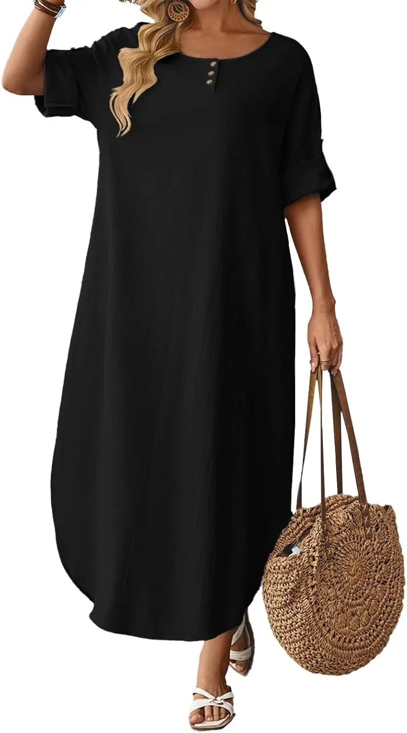 Autumn Solid Cotton Caftan Dress Loose Fit Women Casual