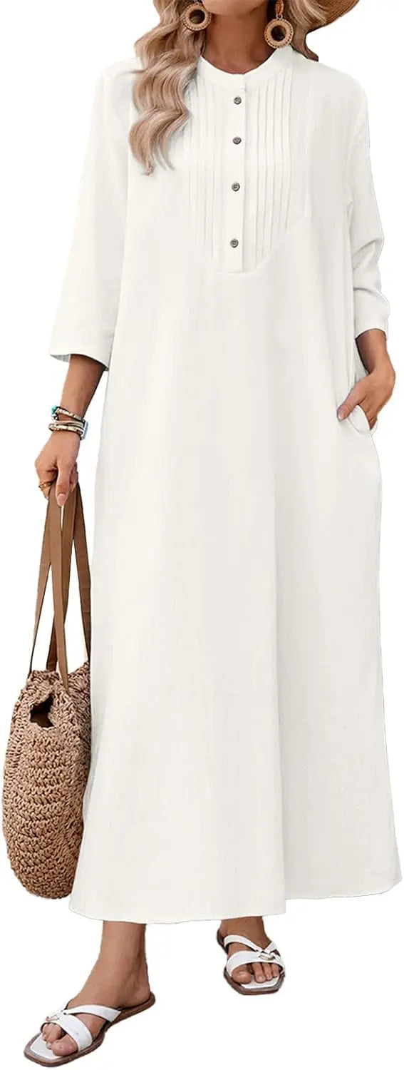 Autumn Solid Cotton Caftan Dress Loose Fit Women Casual