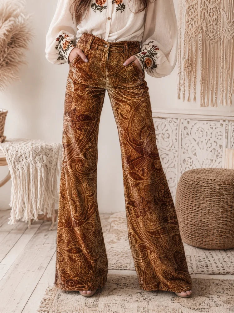 Women's Velvet Printed Fashionable Trousers - Retro Full Western Paisley Pattern Khaki High-Waisted, Bohemian Style, with Pockets, Suitable for Daily Casual Wear in Autumn and Winter