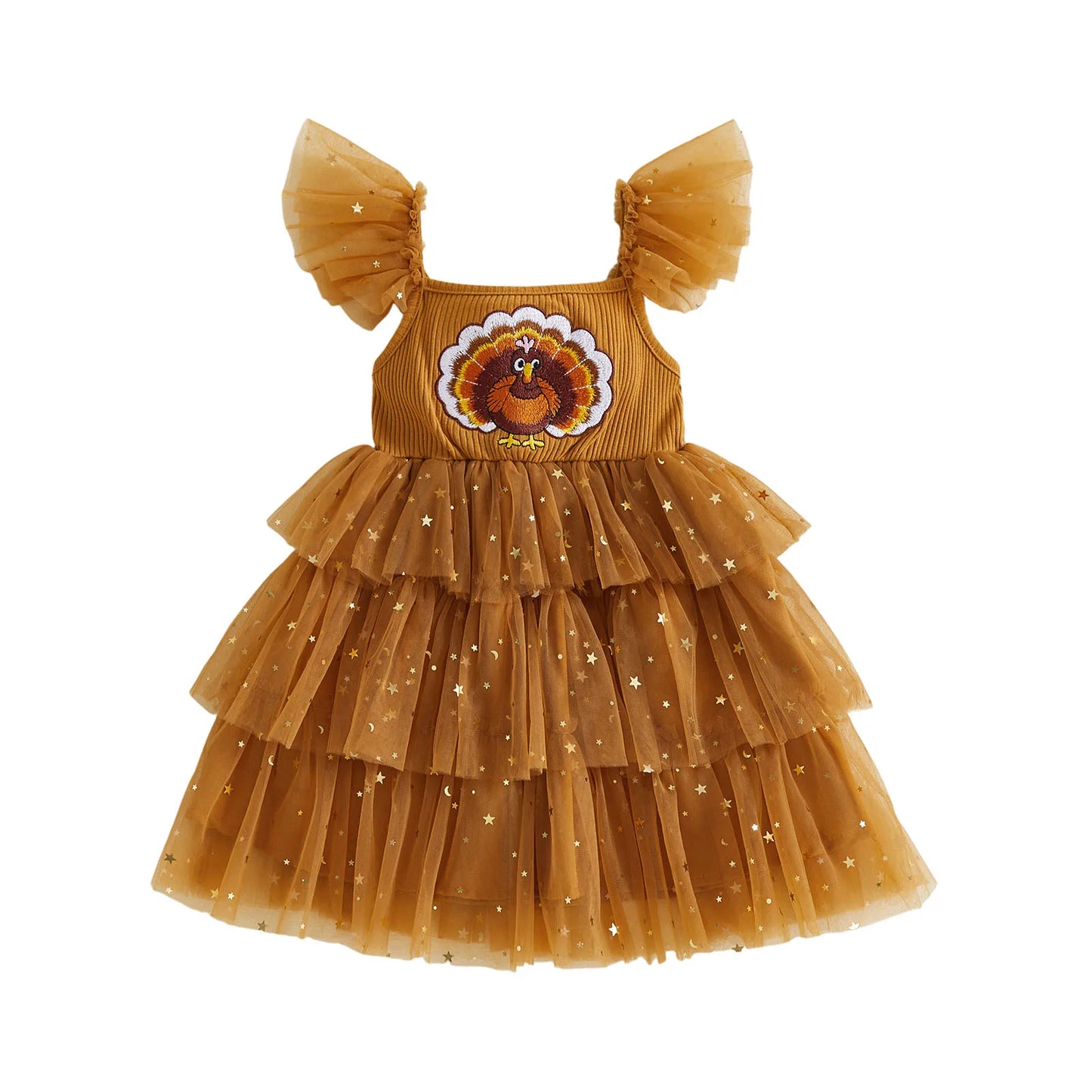 Girls Thanksgiving Turkey Embroidery Star Tulle Midi Dress
