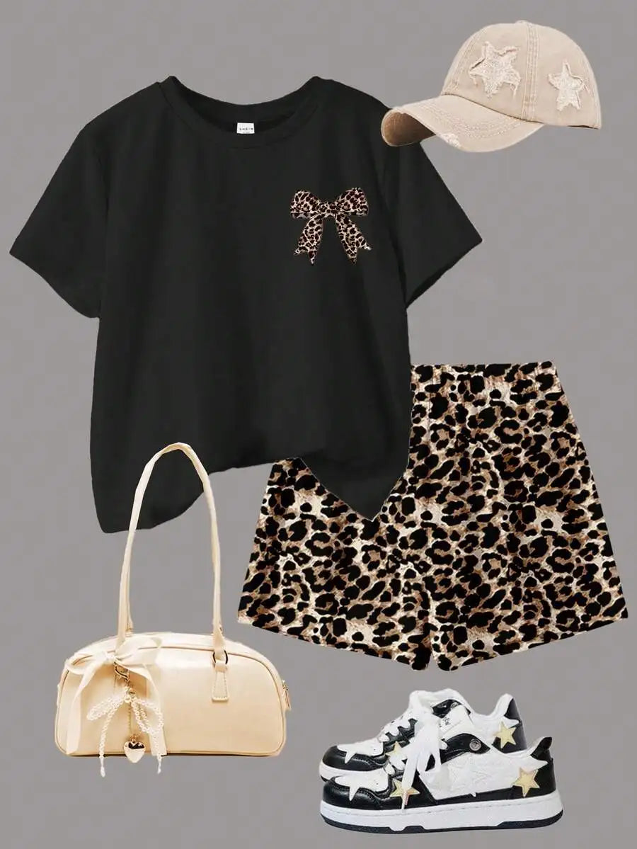 Cherry Bow Print Short Sleeve Tee And Plaid Shorts Set