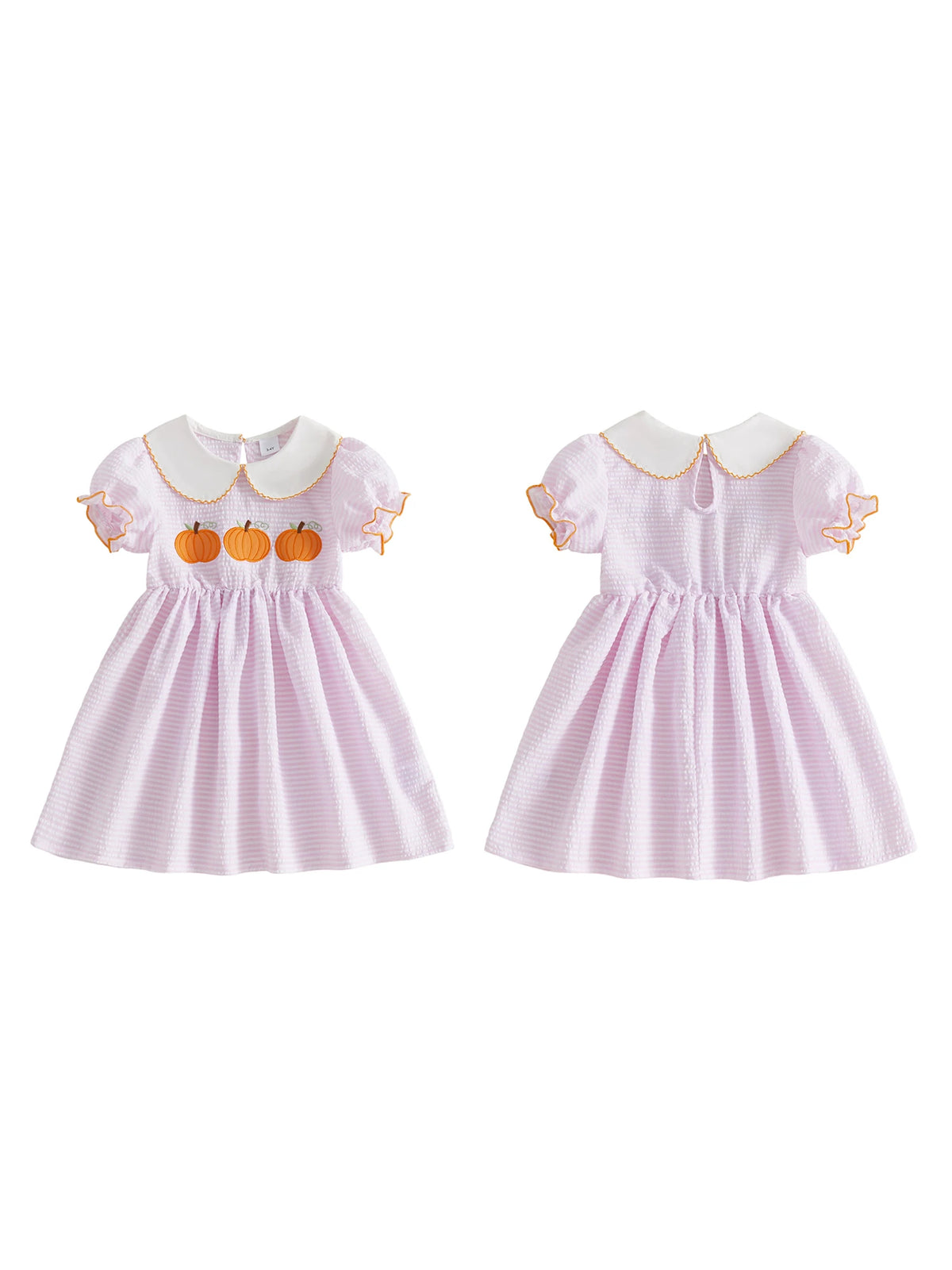 Dress-Pumpkin-Embroidery Girls Halloween Kid-Girls Kid Girls Halloween Embroidery Stripe Collar Stripe Dress-Pumpkin-Embroidery