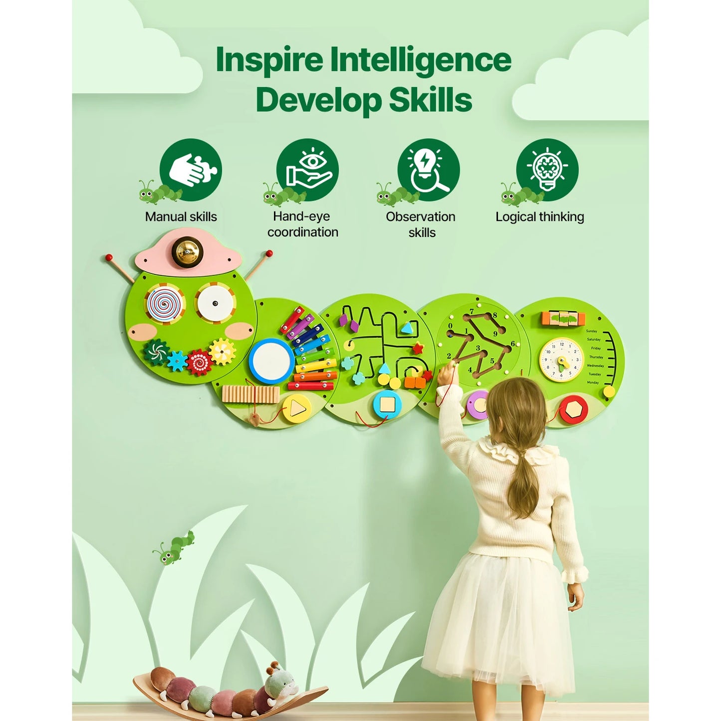 SucceBuy Caterpillar Kids Wall Busy Board With 12 Activities Montessori