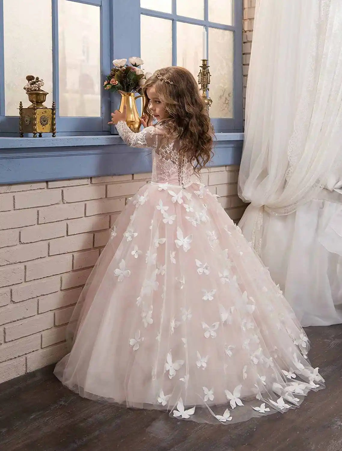 Abaowedding Long Sleeve Lace Flower Girl Dress With Train 3D Butterfly