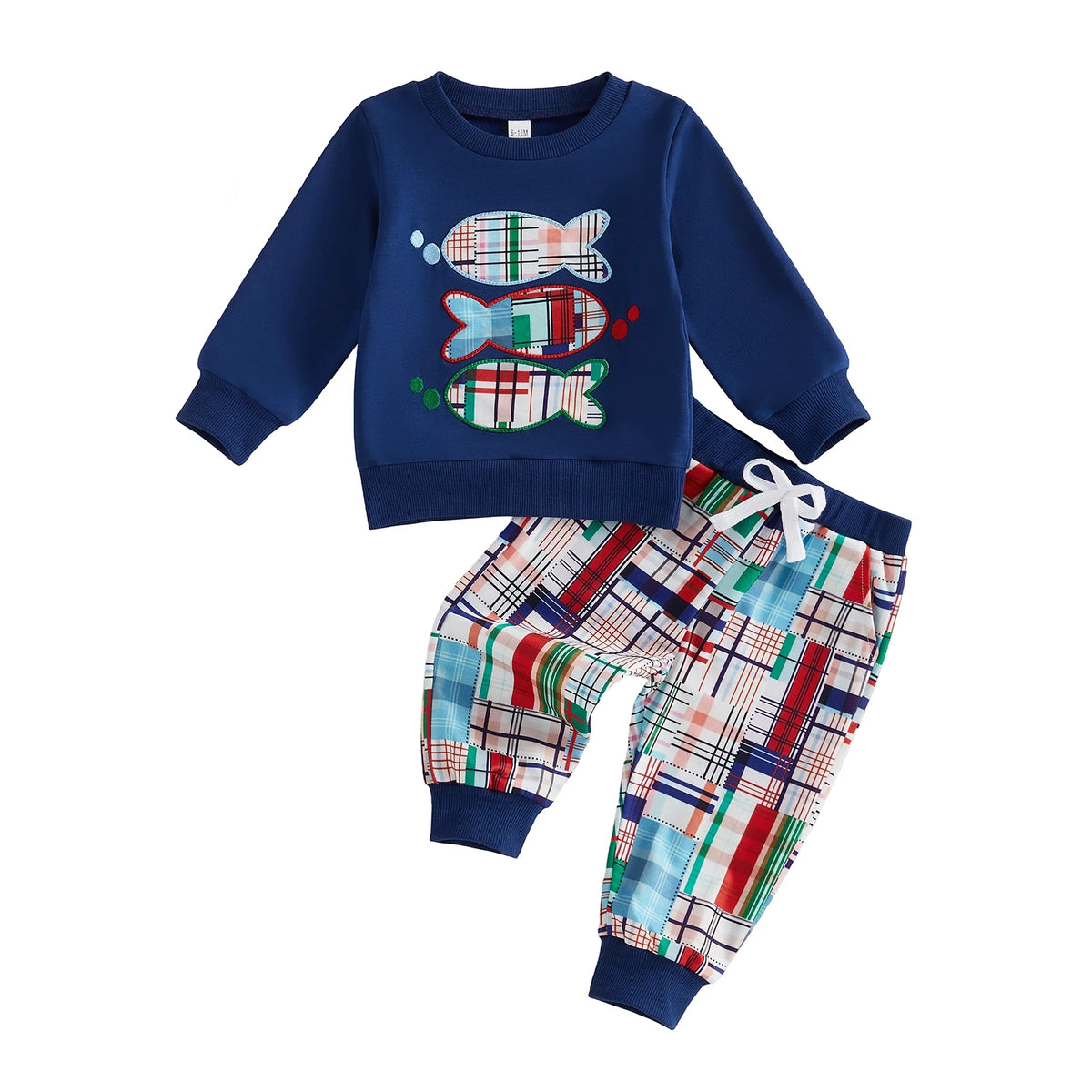 Piece Outfit Outfit Long Boys 2 Piece Plaid Pants 2 Piece Outfit Outfit Sleeve-Embroidery Sweatshirt With Plaid Piece Outfit