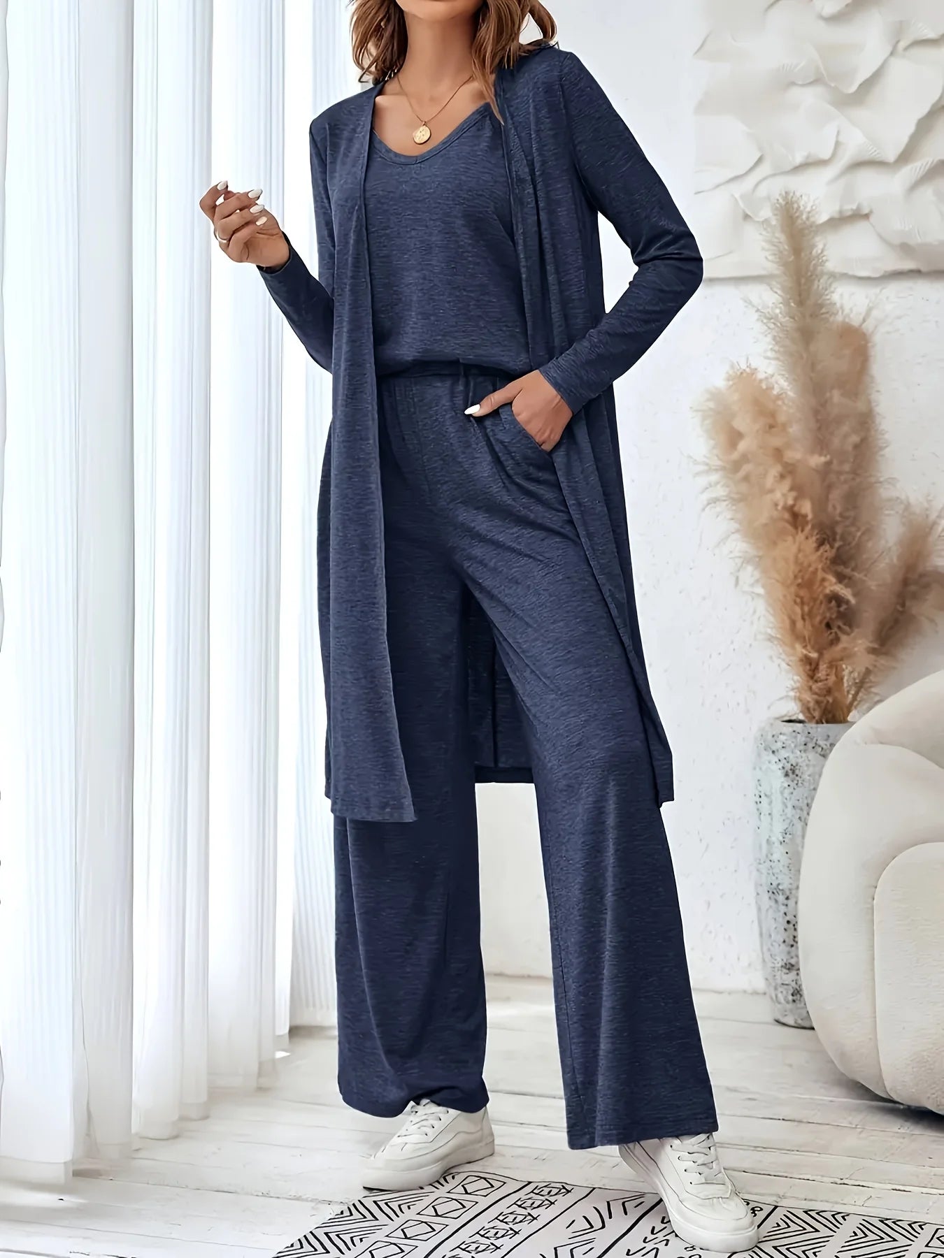 Plus size women's lazy loungewear knit 3-piece set; mixed color textured tank top, long cardigan, high-waisted pocket wide-leg pants loose set