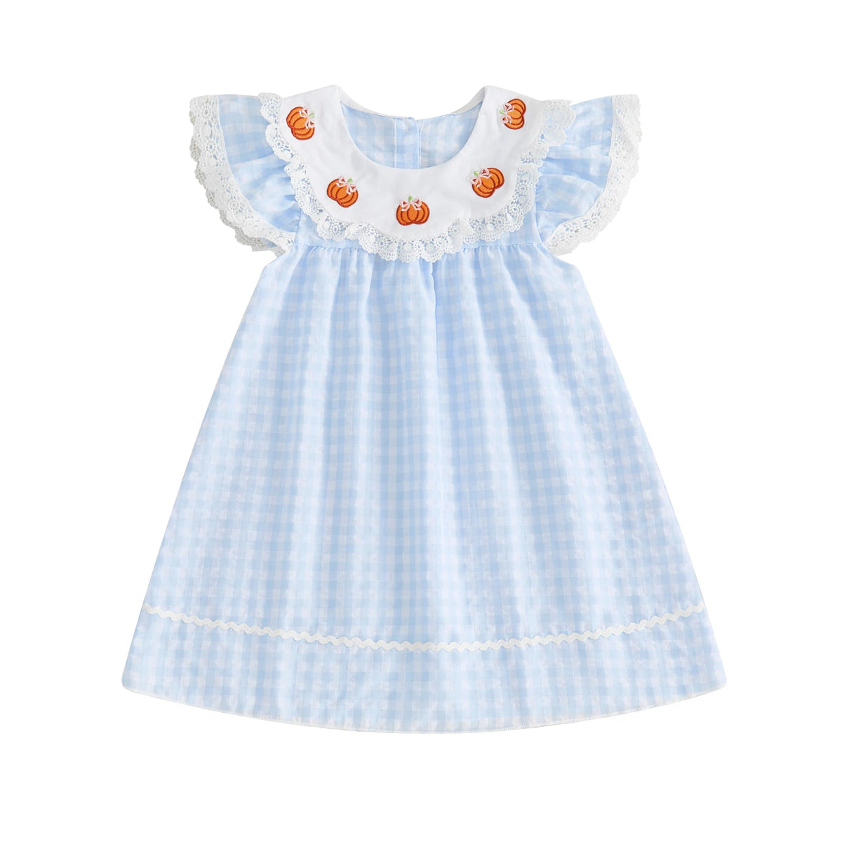 Girls Halloween Embroidered Pumpkin Plaid Dress With Flutter Sleeves