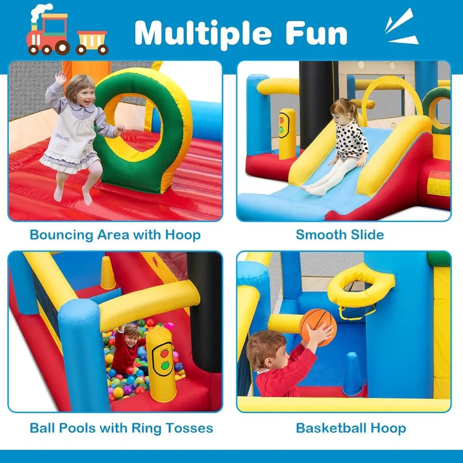 LISM Inflatable Train Theme Bounce House With Slide Ball Pit Basketball Rim