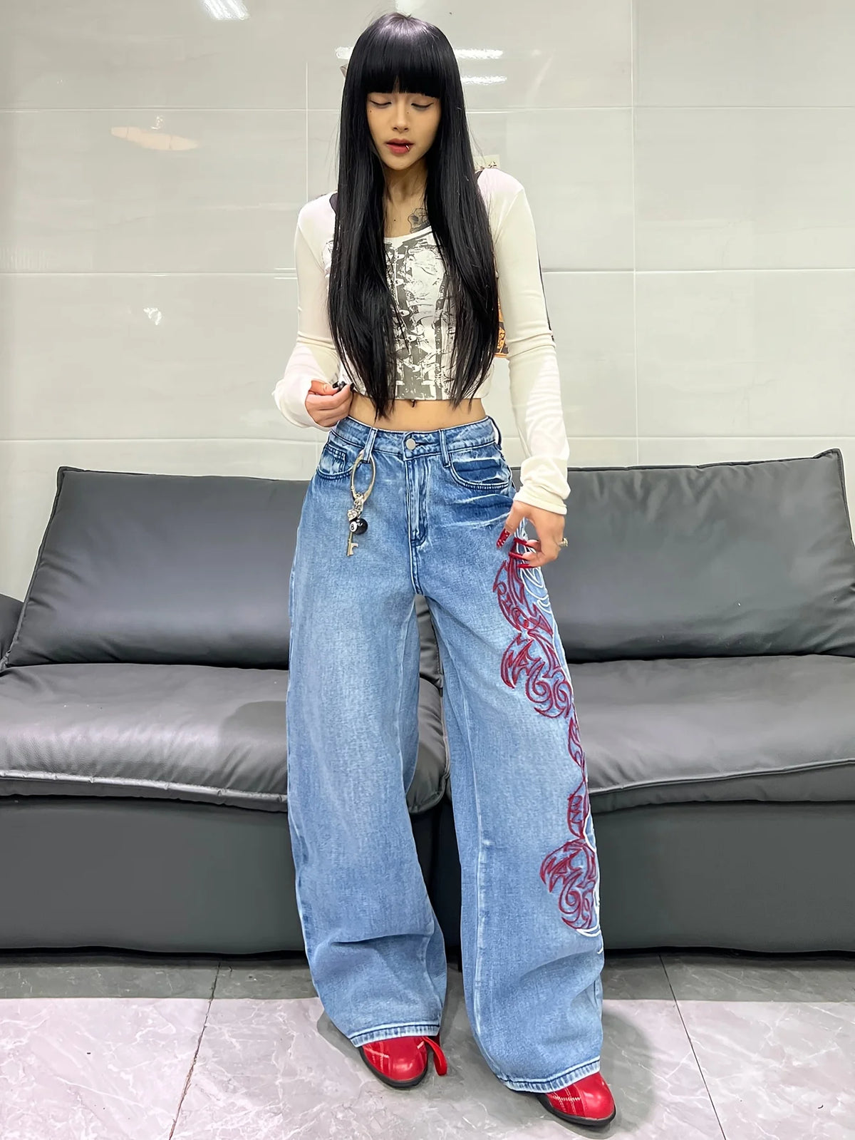 American Retro Two-Color Embroidered Wide-Leg Women's High-Waisted Jeans - Fashionable Design, Straight-Leg Loose Slimming Wide-Leg Floor-Length Trousers For Street Hotties