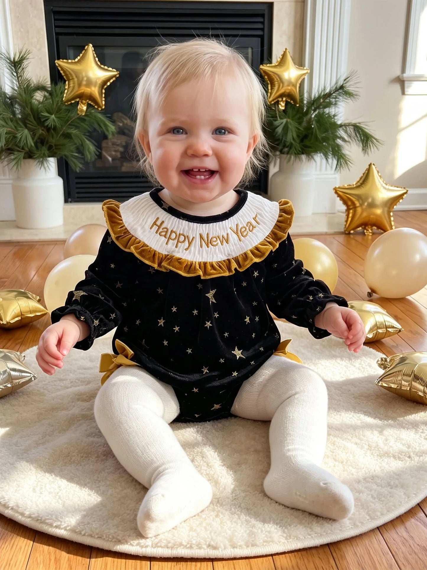 New Year Letter Embroidery Long Sleeve Romper Girl Toddler