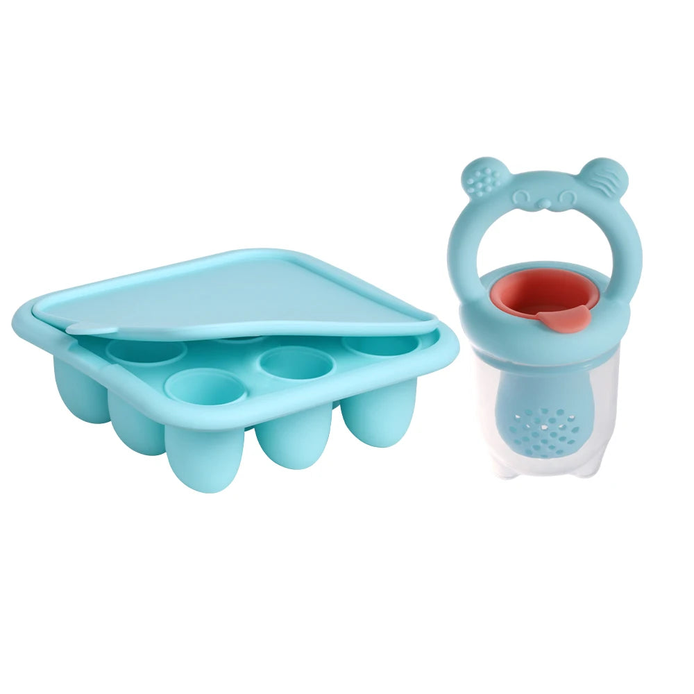 BPA Free Baby Fruit Feeder with Silicone Food Freezer Tray, Food Grade Teething Pacifier Self‑Feeding Set, 3 Colors Optional for Newborn Toddlers