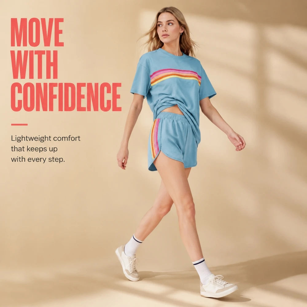 Women's 2 Piece Tracksuit Set Short Sleeve Crew Neck T Shirt and Elastic Waist Shorts Retro Rainbow Striped Casual Athletic Wear Matching Outfit Relaxed Fit for Gym Running Daily Streetwear Summer Spring
