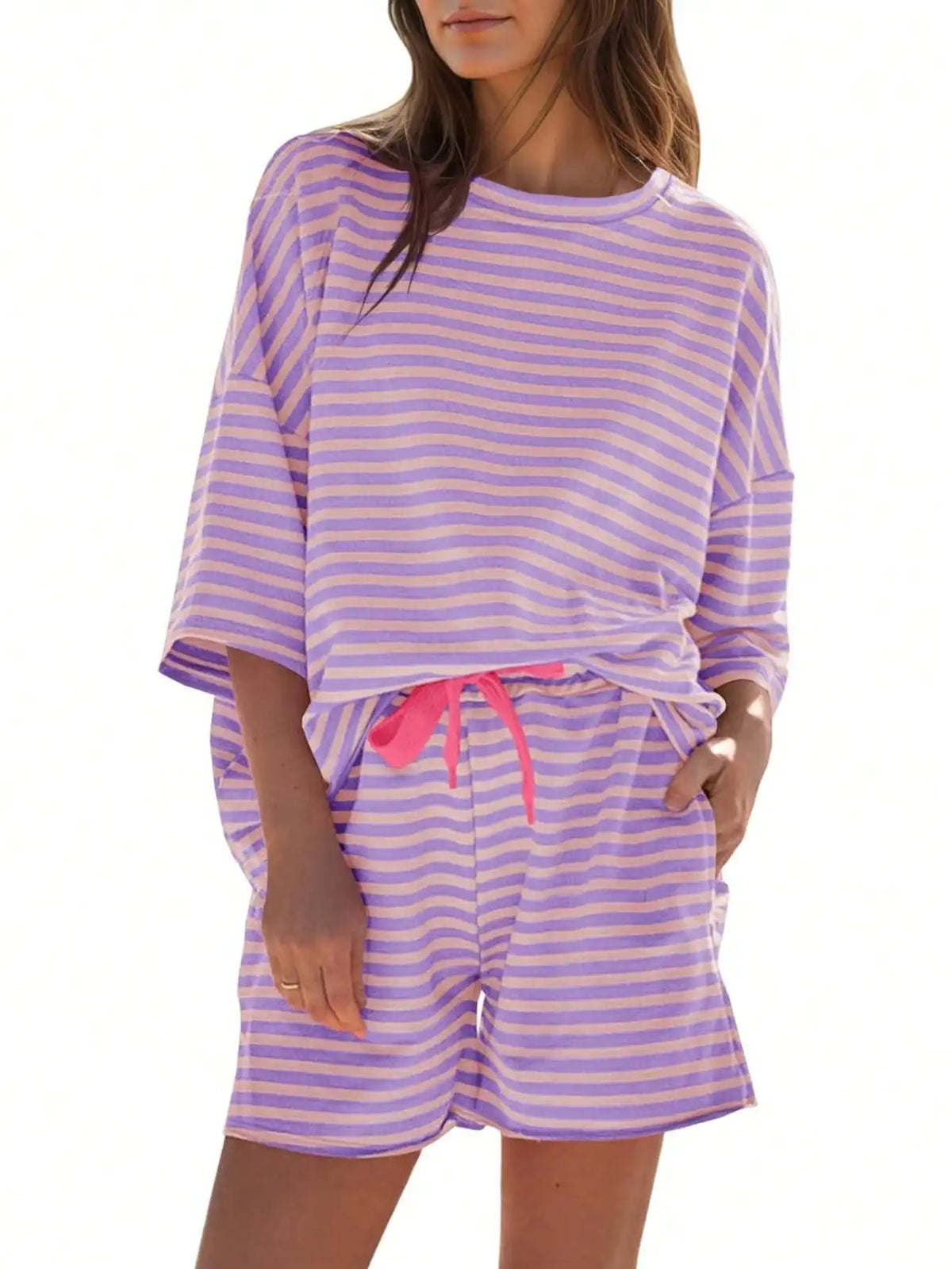 Fisoew Womens Striped Athleisure 2 Piece Outfits Sweatsuit Lounge Set