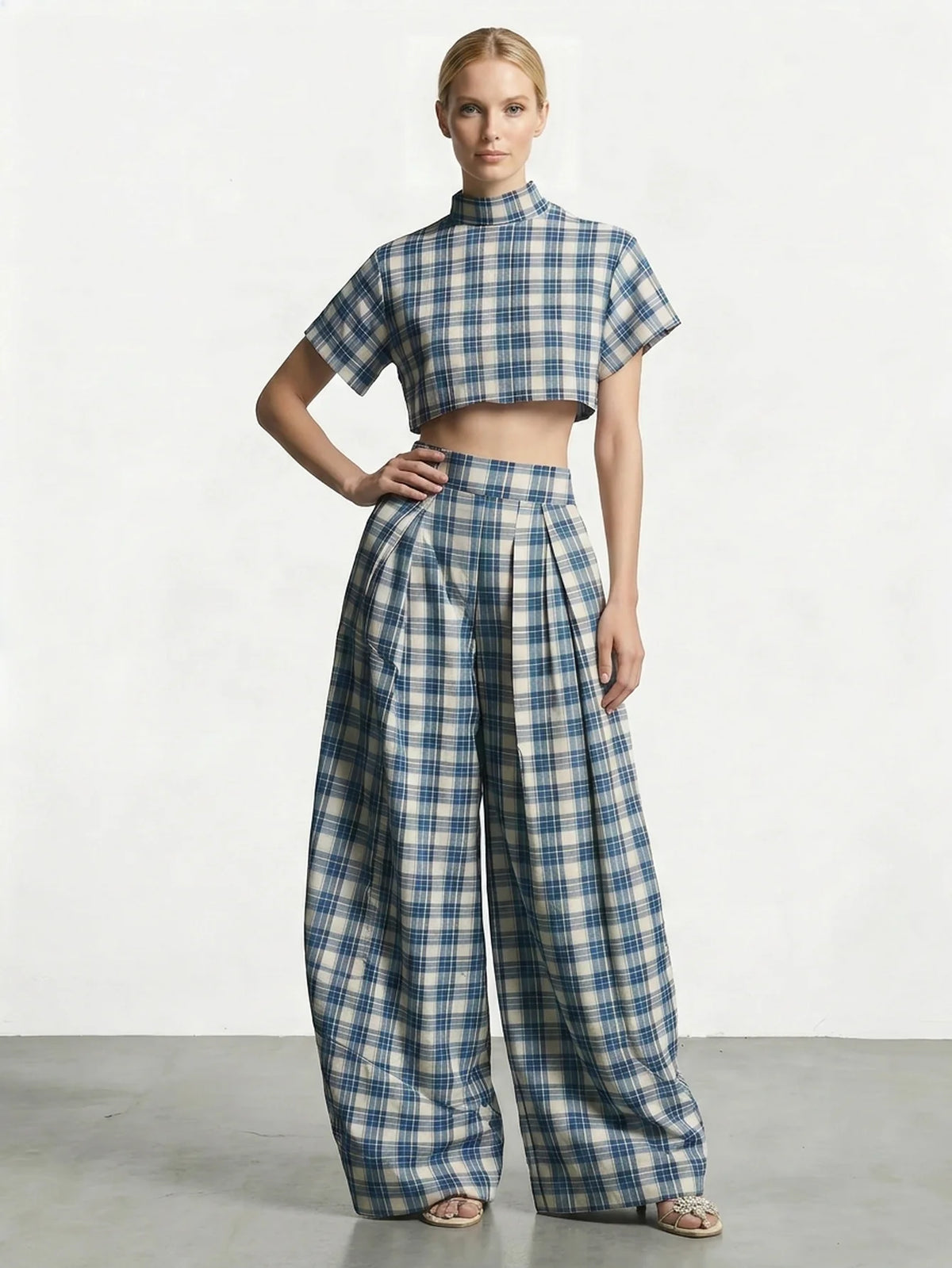 Women's Mock Neck Short Sleeve Two‑Piece Set Plaid Print Cropped Top Pleated Wide Leg High Waist Pants Ladies Suit