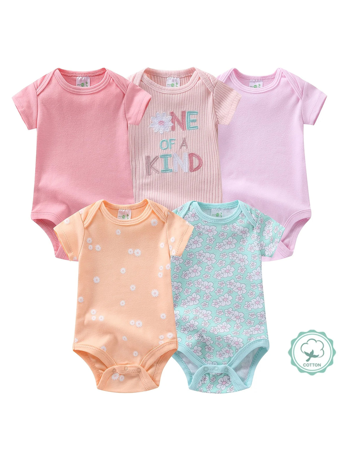 Newborn Baby Girl Short Sleeve Bodysuit 5-pc, Cute Infant One-Piece Romper, Round Neck Summer Outfit, Hospital Essentials, Baby Clothing, for Outdoor