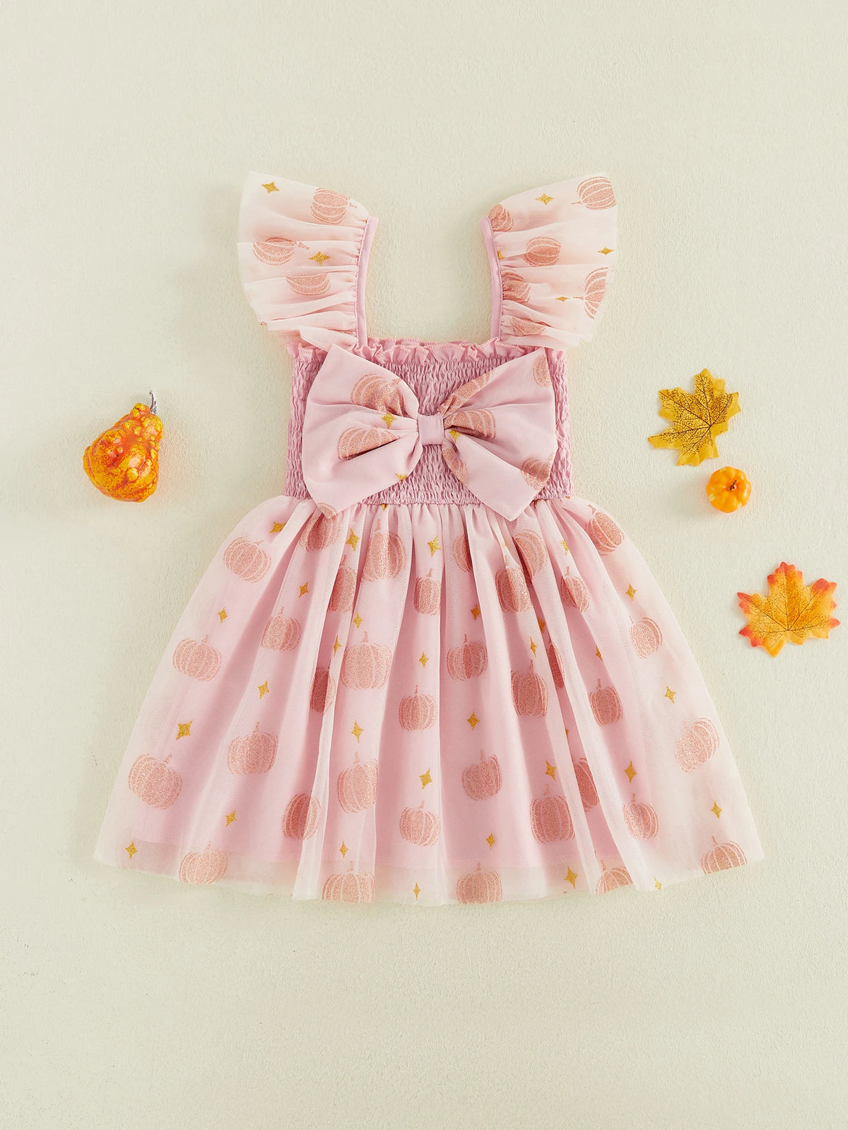 Toddler Halloween Dress With Tulle Flying Sleeves Pumpkin Decor