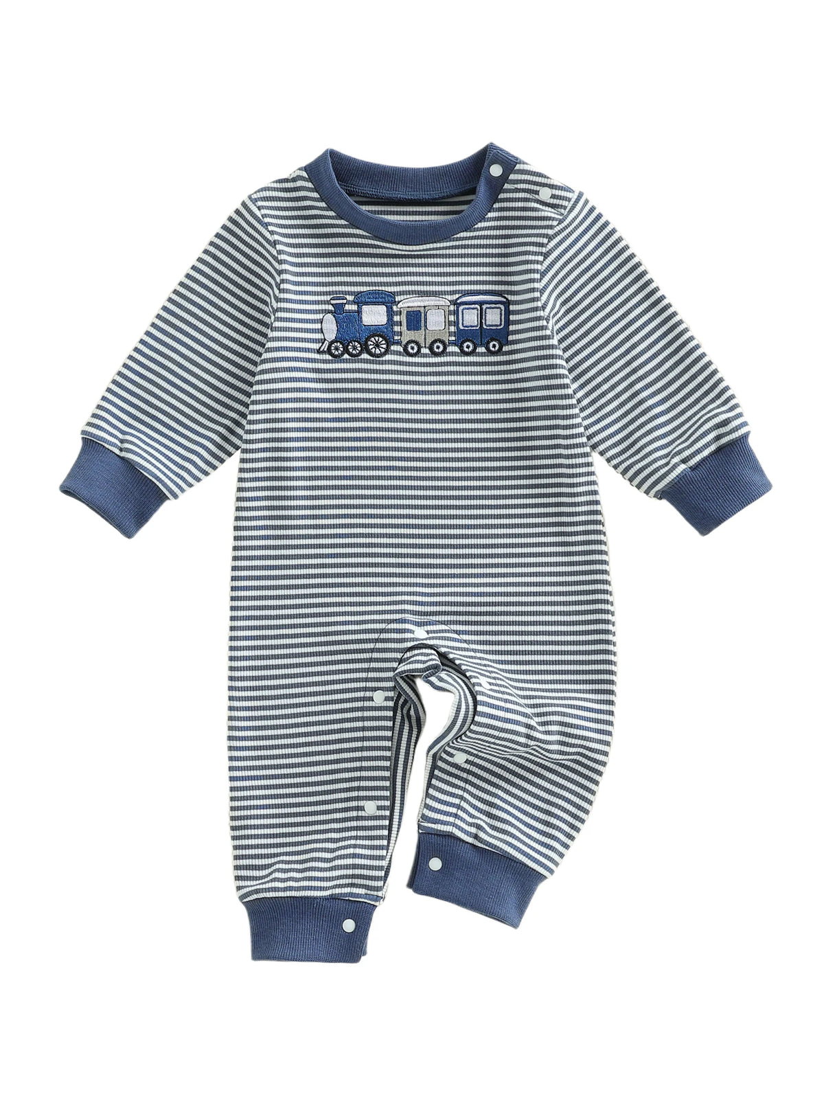 Toddler Striped Playsuit With Long Sleeves And Train Embroidery