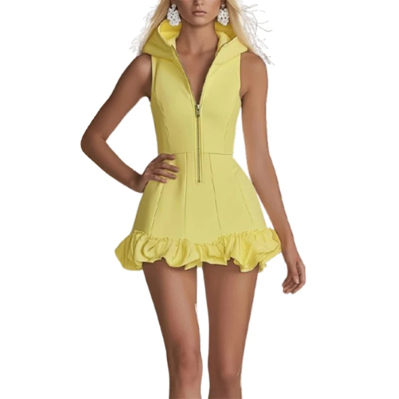 Women Yellow Sleeveless Hooded Y2K streetwear Mini Dresses 2026 new fashion solid color Front‑Zip Ruffle‑Hem High Waist A‑Line Summer Short Dress