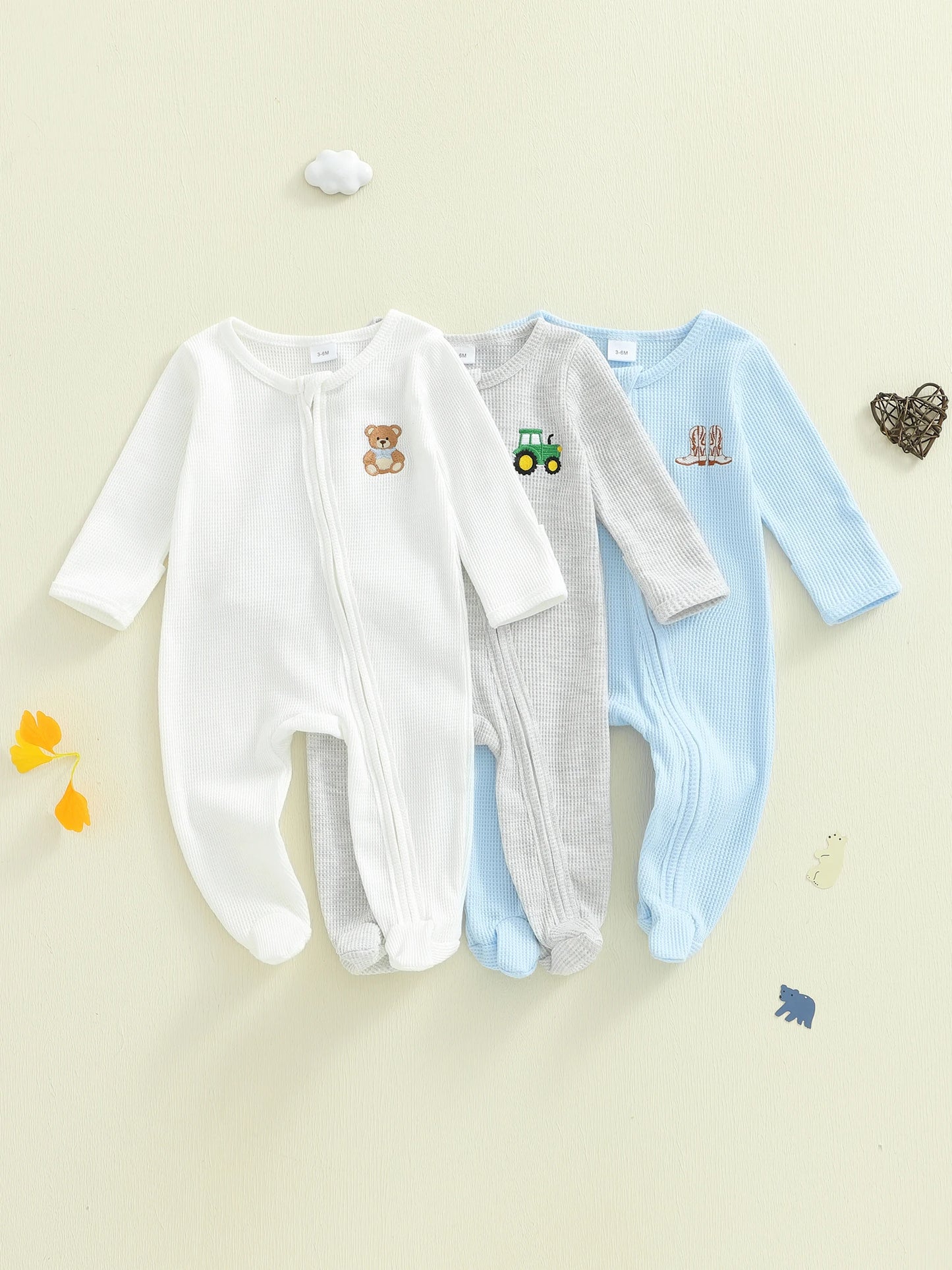 Infant Unisex Hooded Animal Ears Zipper Closure Fleece Footed Pajamas