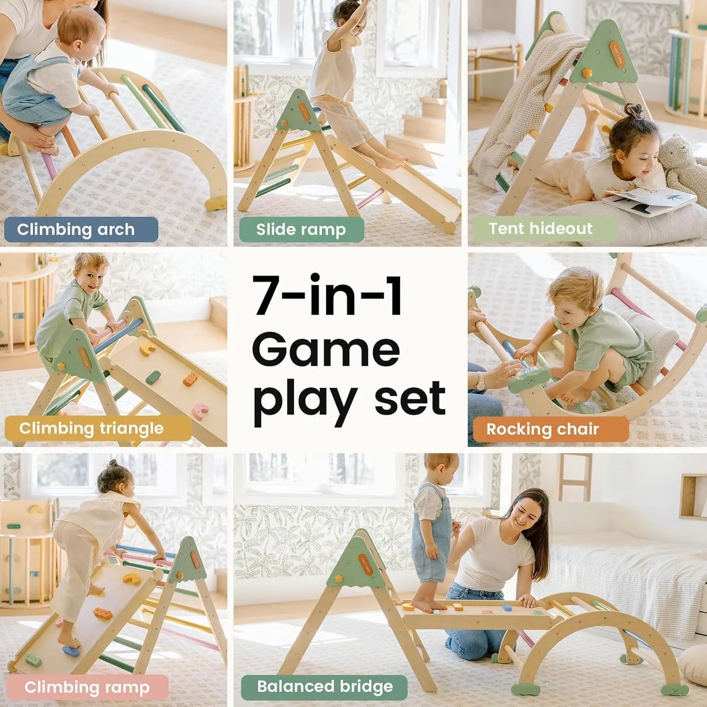 Pikler Triangle Set 7-In-1 Foldable Montessori Toddler Climbing Toy