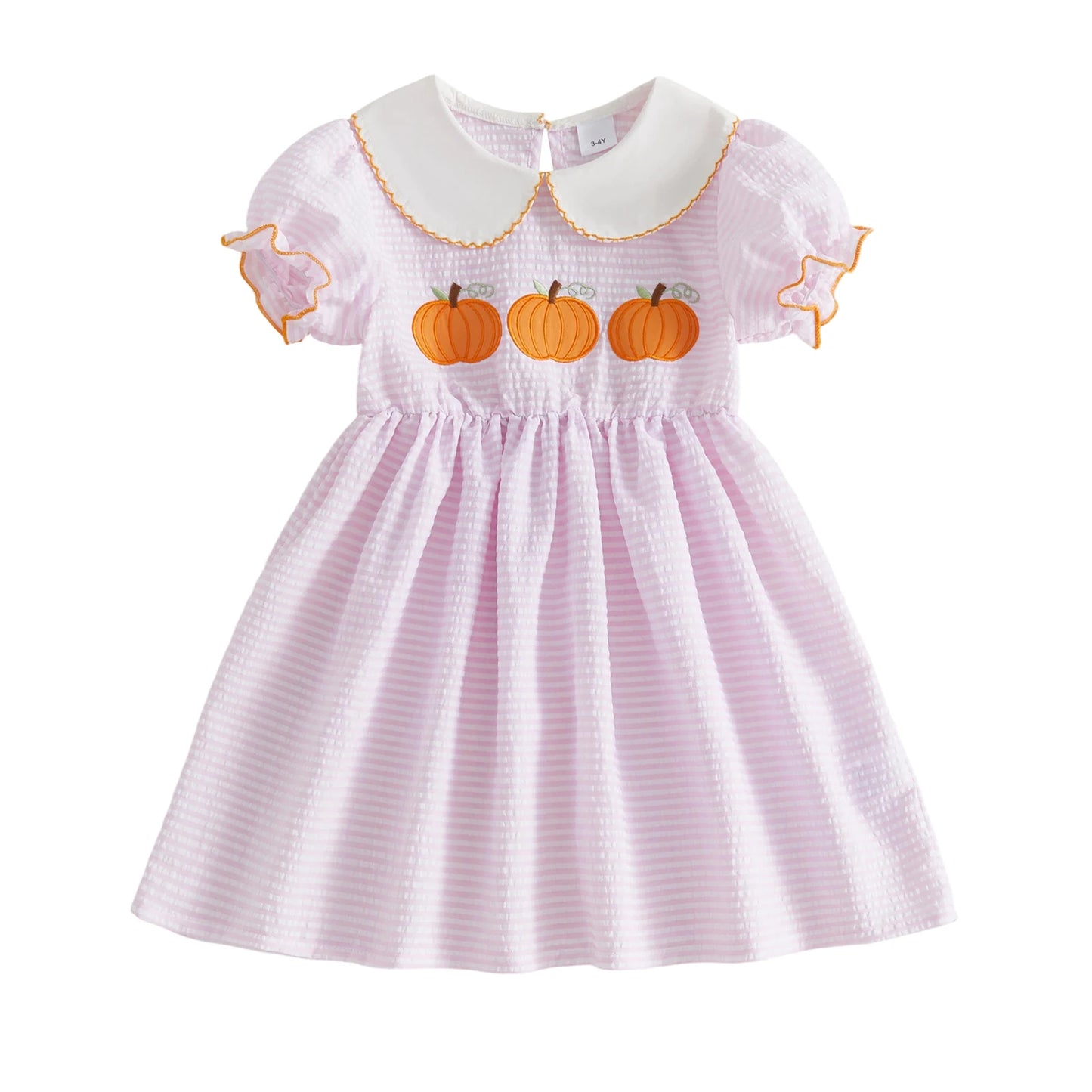 Dress-Pumpkin-Embroidery Girls Halloween Kid-Girls Kid Girls Halloween Embroidery Stripe Collar Stripe Dress-Pumpkin-Embroidery