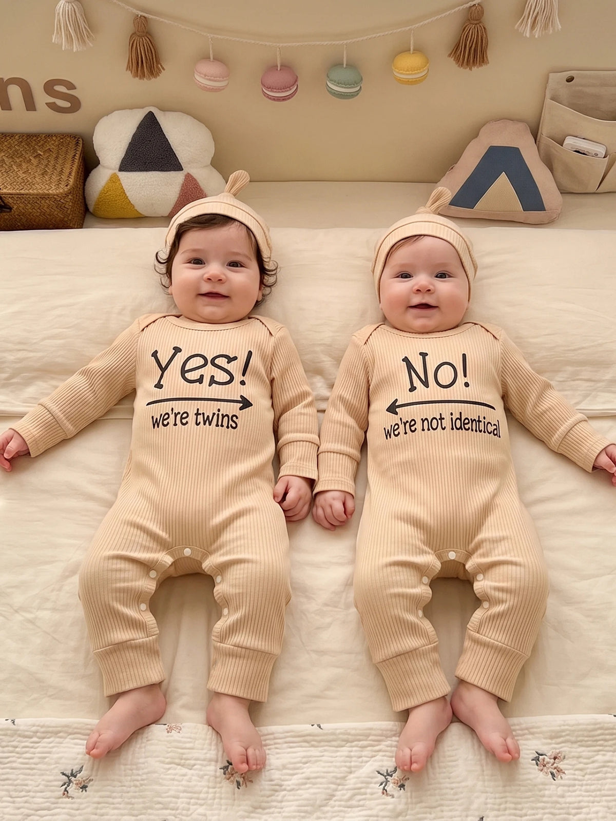 Ribbed Crew Neck Long Sleeve Baby Outfits Letter Baby Outfits Letter Twin Letter-Print-Ribbed Romper Ribbed Crew Neck Long