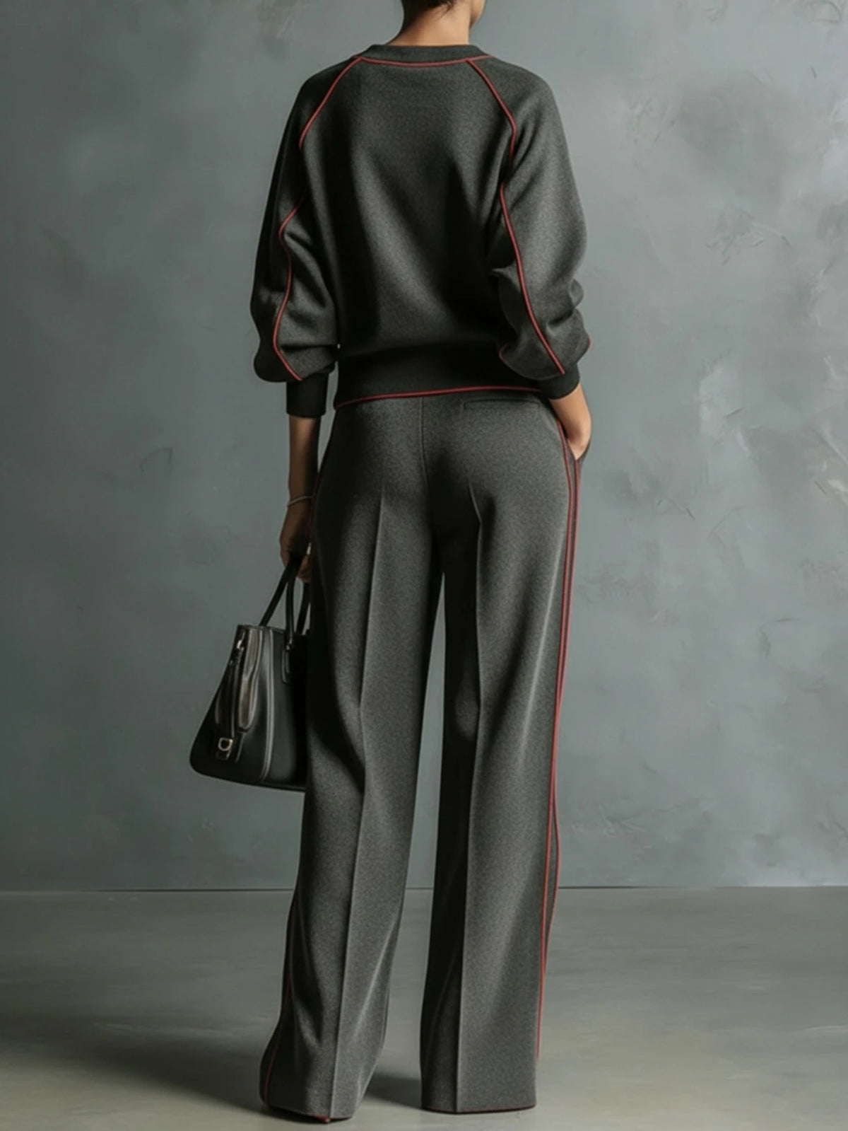 Women Two Piece Outfit Round Neck Long Sleeve Loose Top High Waist Wide Leg Pants Contrast Stripe Relaxed Fit Daily Streetwear Casual Suit For Female