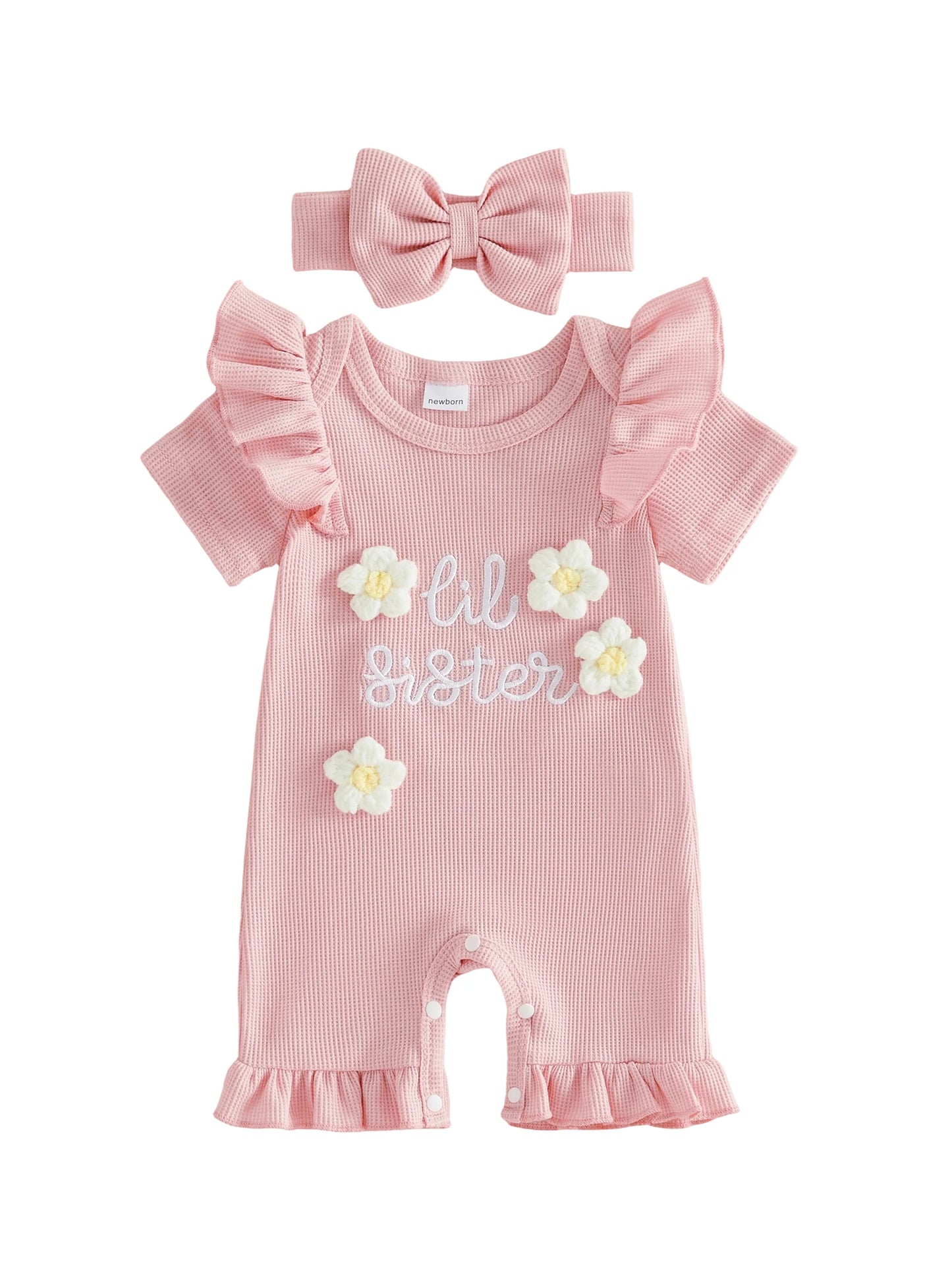 Floral Print Sleeveless Baby Girl Romper With Matching Bow Headband