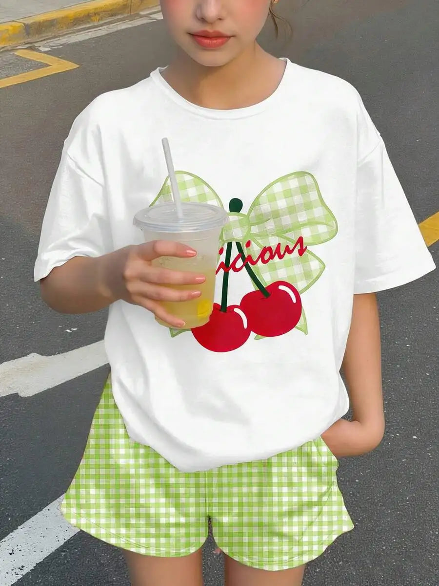 Cherry Bow Print Short Sleeve Tee And Plaid Shorts Set