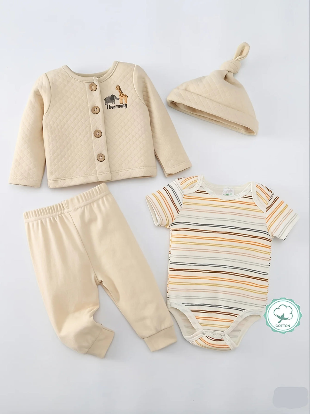 4pcs Baby Girls Autumn & Winter Set, Crew Neck Outdoor Outfit Including Thick Coat, Long Pants, Triangle Romper And Hat, Cotton Sweat-absorbent Outerwear Romper Set, Newborn Hospital Essentials, Special, Perfect for Outdoor