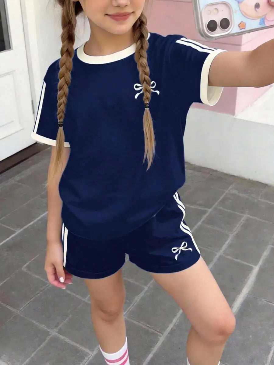 Cherry Bow Print Short Sleeve Tee And Plaid Shorts Set