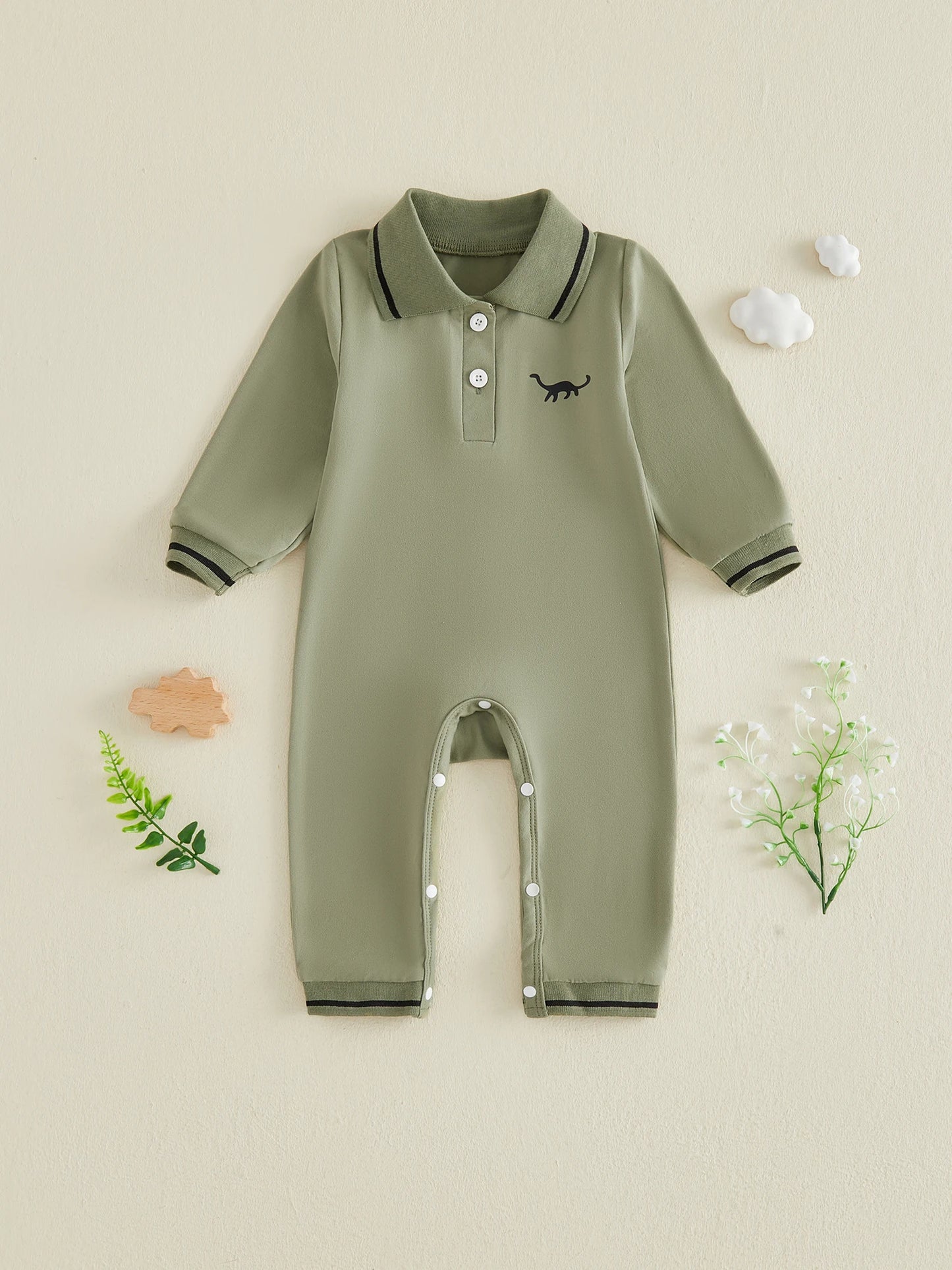 Long Sleeve Dinosaur Print Romper For Baby Girls With Lapel