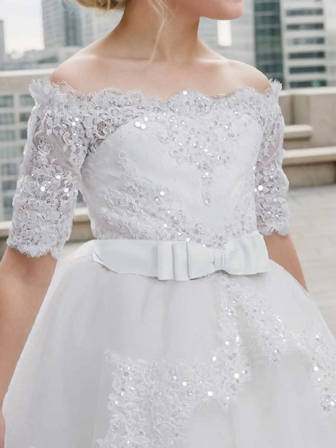 Abaowedding Off Shoulder Flower Girl Lace Sequin Ball Gown