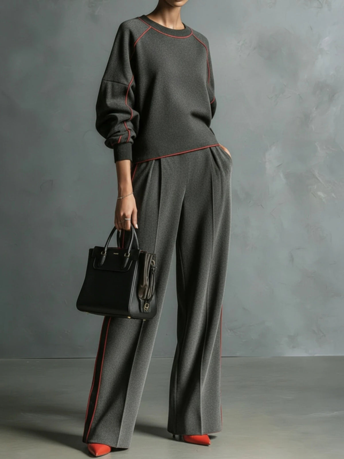 Women Two Piece Outfit Round Neck Long Sleeve Loose Top High Waist Wide Leg Pants Contrast Stripe Relaxed Fit Daily Streetwear Casual Suit For Female