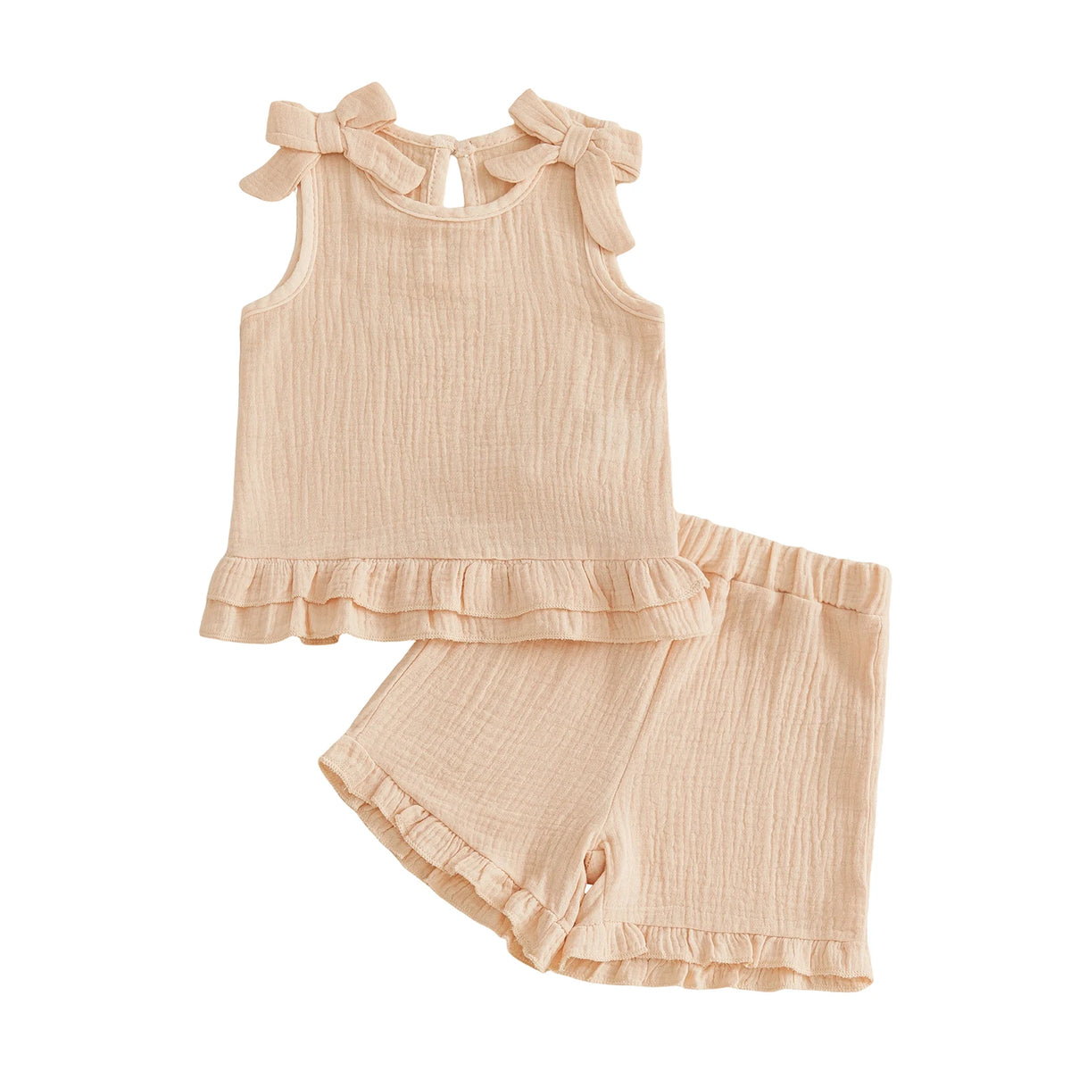 2026 New Toddler Girls Summer Ruffle Set Solid Sleeveless Crew Neck Tank Top with Shoulder Bows and Matching Children's Sets