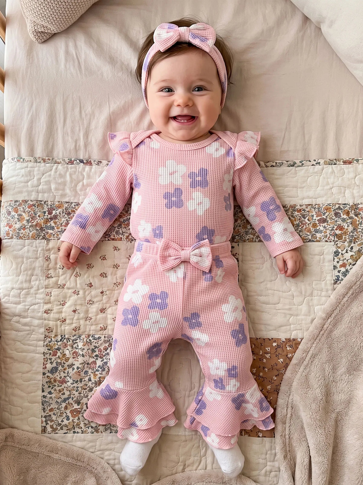 Girls Long Sleeve Floral Print Romper And Headband Set