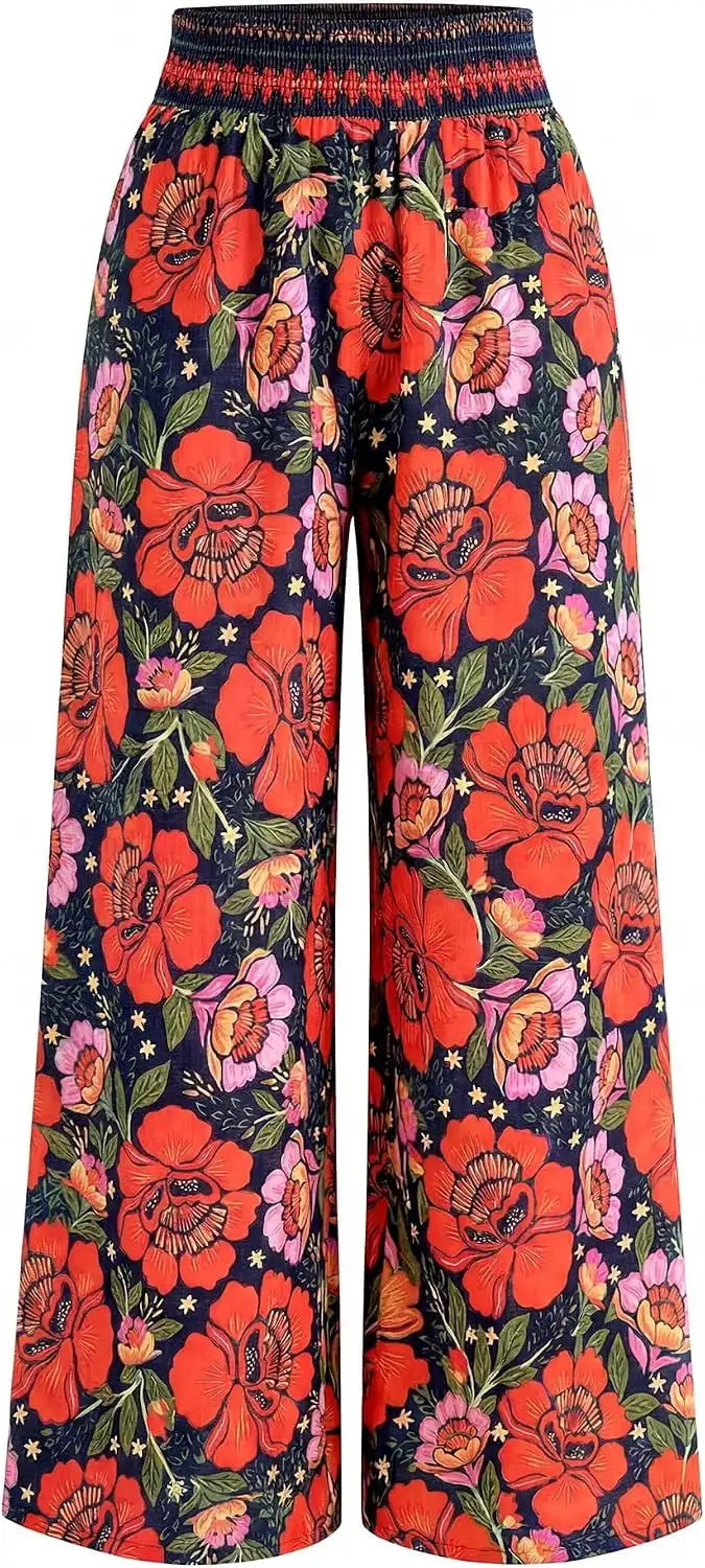 Wide leg pants 2026 summer smoked waist flower pants, pretending to be spring beach vacation women's clothing