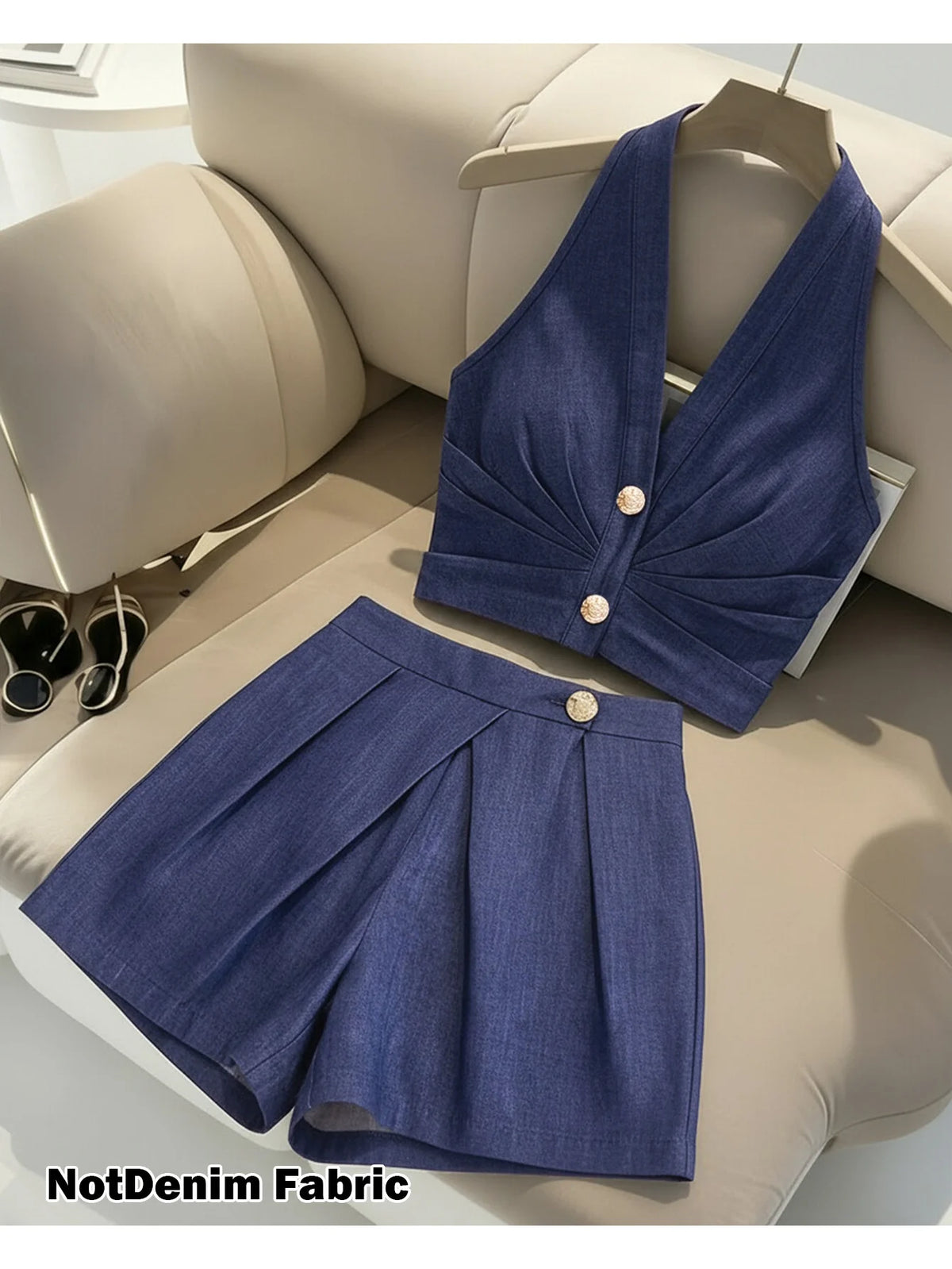 Women's Halter V Neck Sleeveless Two‑Piece Suit Button Detail Pleated Fitted Top Wrap Front Pleated Short Skort Ladies Set