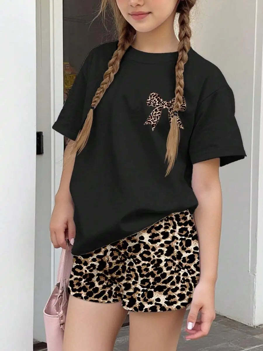 Cherry Bow Print Short Sleeve Tee And Plaid Shorts Set