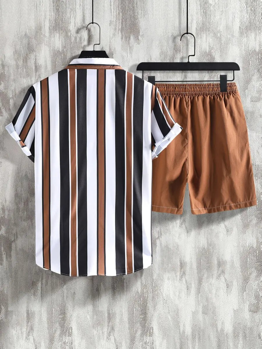 Manfinity Homme Men Striped Shirt & Drawstring Waist Shorts Without Tee, Cozy Outfits