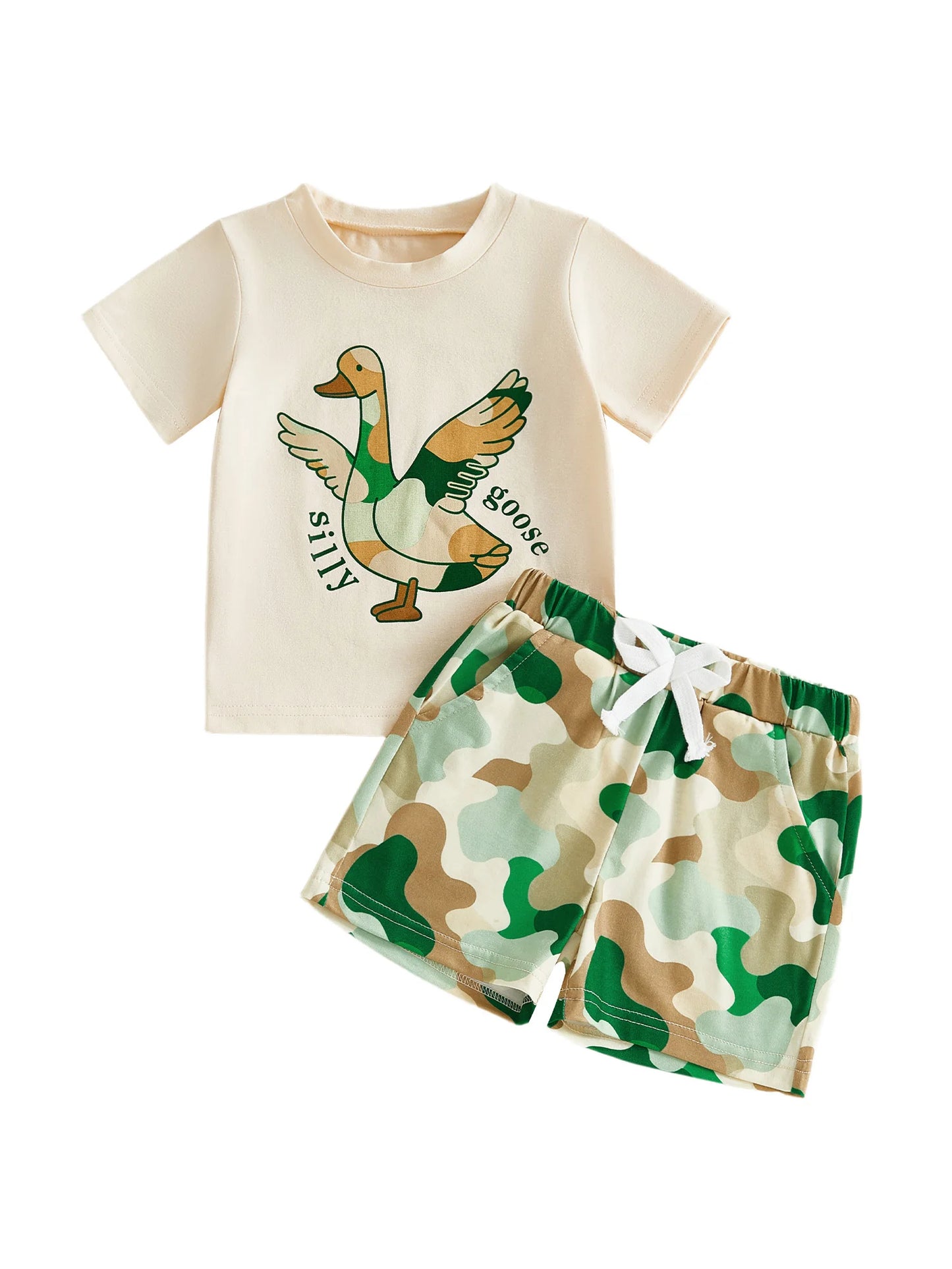 Girls Summer Outfit Set Short Sleeve Top And Camouflage Shorts