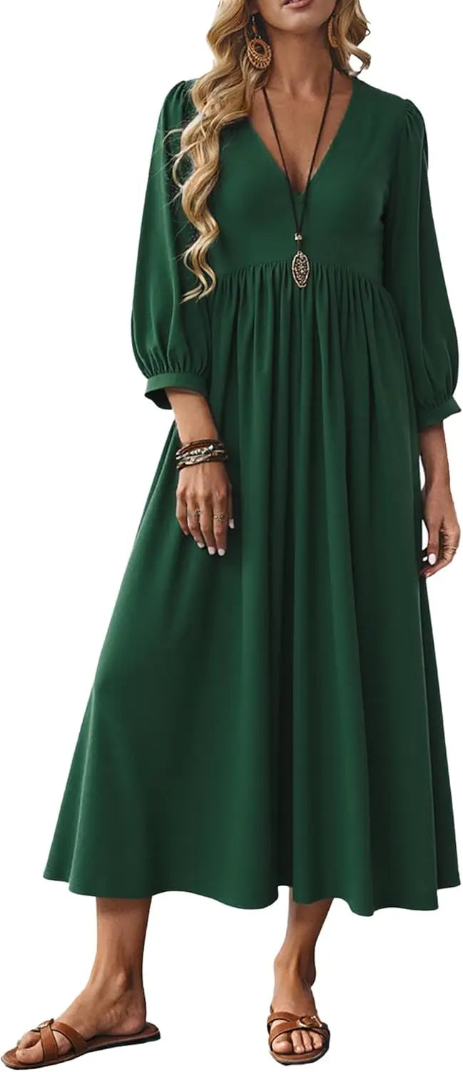 Autumn Solid Cotton Caftan Dress Loose Fit Women Casual