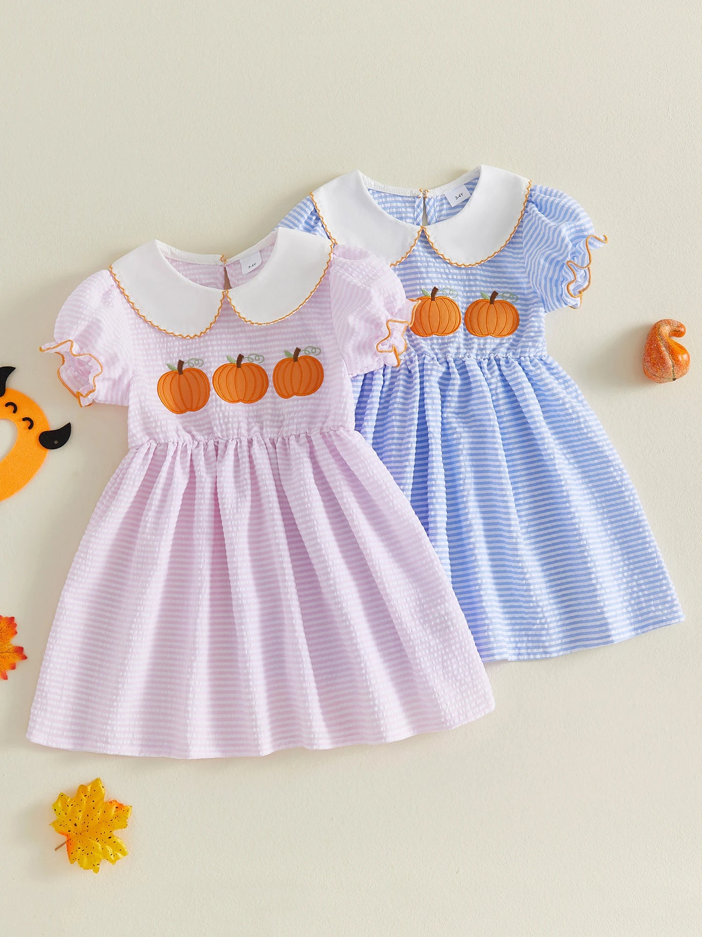 Dress-Pumpkin-Embroidery Girls Halloween Kid-Girls Kid Girls Halloween Embroidery Stripe Collar Stripe Dress-Pumpkin-Embroidery