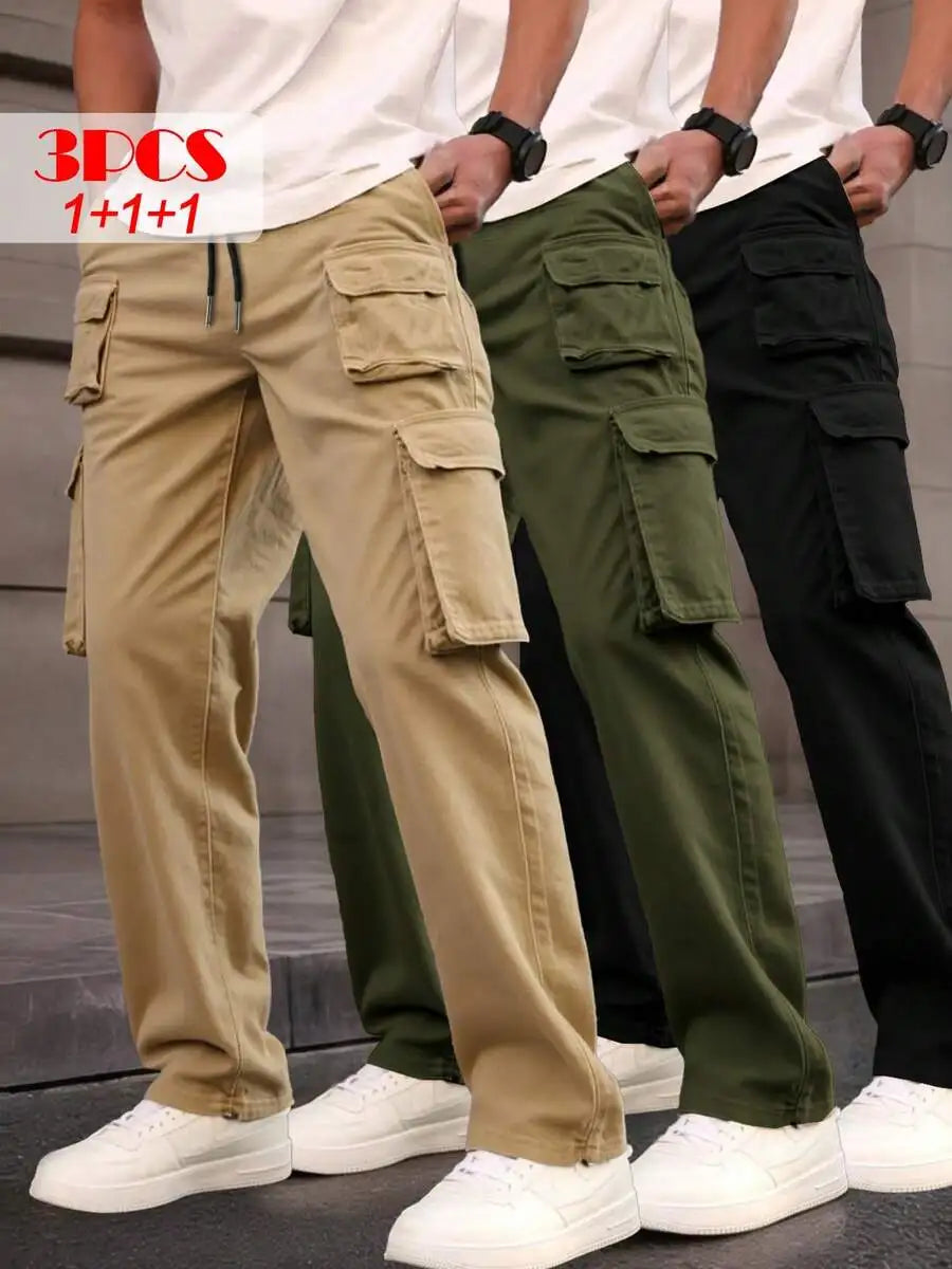 PINELF 3-Pack Men's Cargo Pants, Multiple Pockets, Perfect For Spring/Fall Wear | Drawstring Waistband | Smooth Textured
